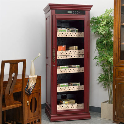 Lockable Glass Door Red Wooden Frame Digital Control Electric Cigar Cooler