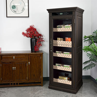 Touch Control Lockable Glass Door Dark Brown Solid Wood Cigar Cooler Humidor